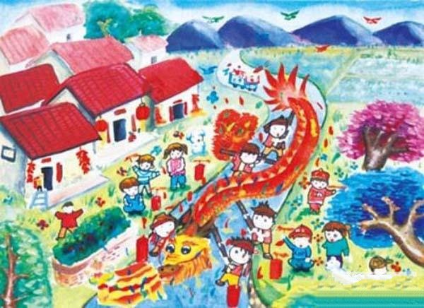漂亮的春节主题儿童画水彩画：舞龙