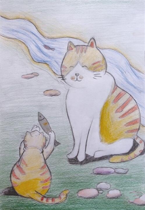 母亲节图画一等奖作品之猫妈妈和小猫