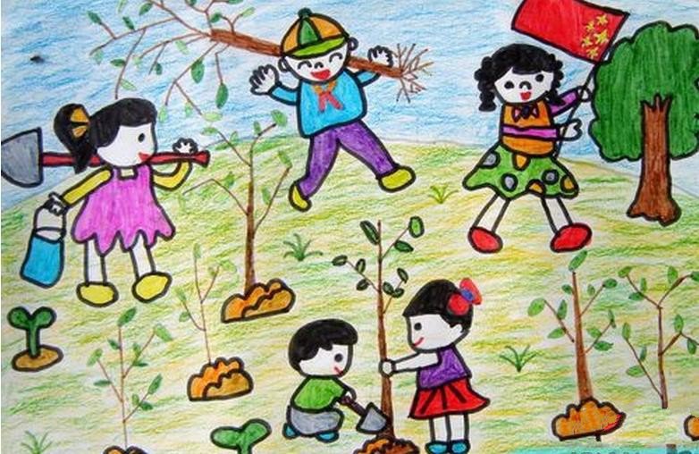 儿童画植树节图片-大家一起来植树