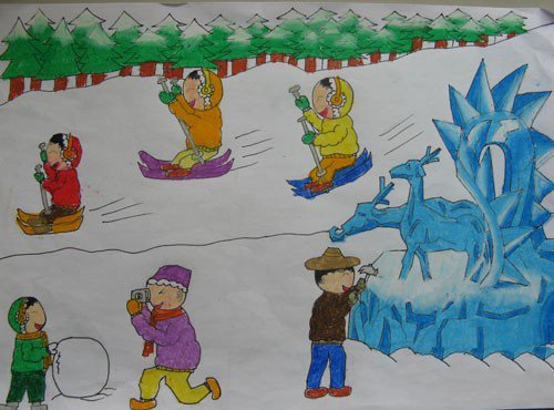 冬天堆雪人的儿童画-冬天的风景