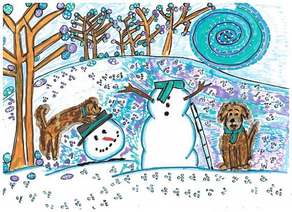 狗狗堆雪人冬天儿童画作品在线欣赏