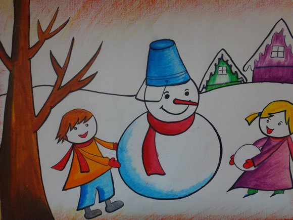 儿童画 打雪仗堆雪人