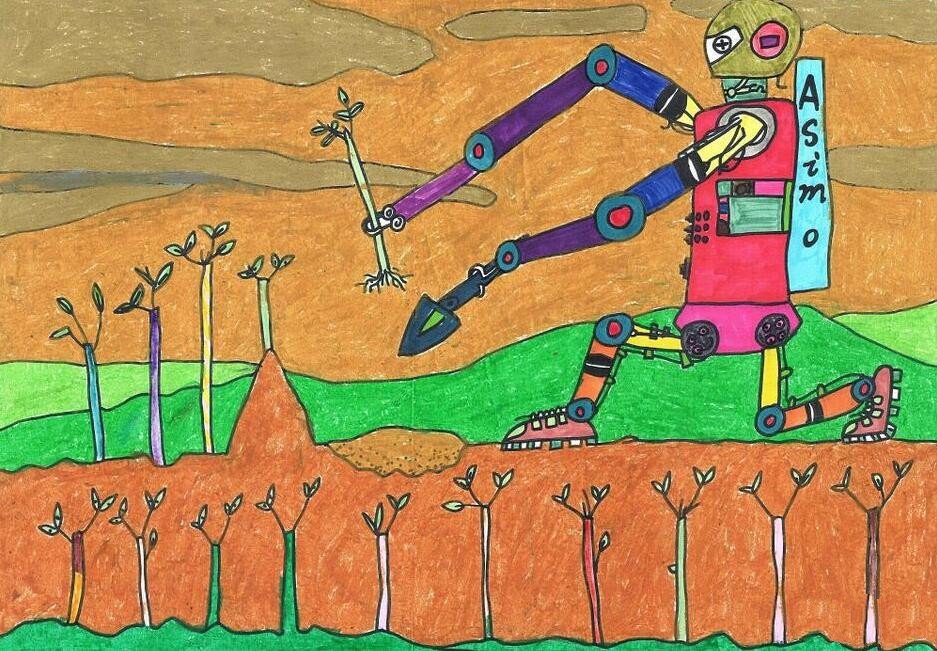 植树节画画图片之机器人种树