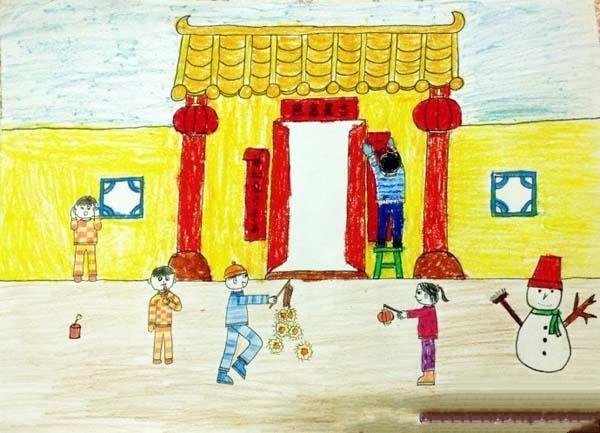 春节儿童画画作品：贴春联