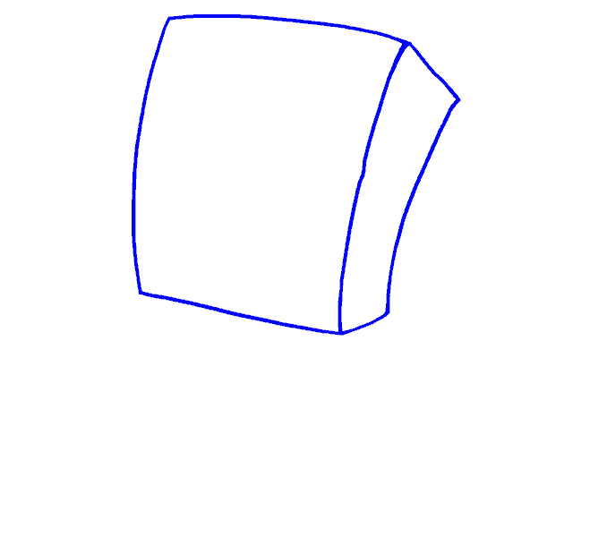 第1步：首先画一个大的、弯曲的正方形。在正方形的右边，画一个弯曲的矩形，画出三维的效果。这个形状将形成海绵宝宝的面部和身体。