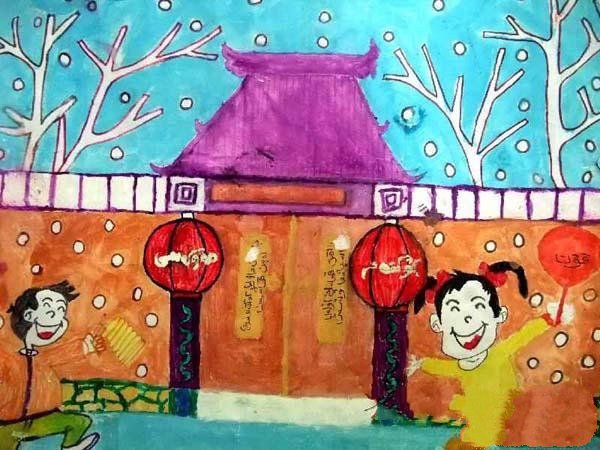 春节新年儿童画水彩画美术绘画作品欣赏