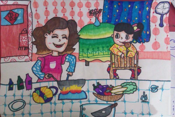 中秋节儿童画图片-我和妈妈准备中秋大餐