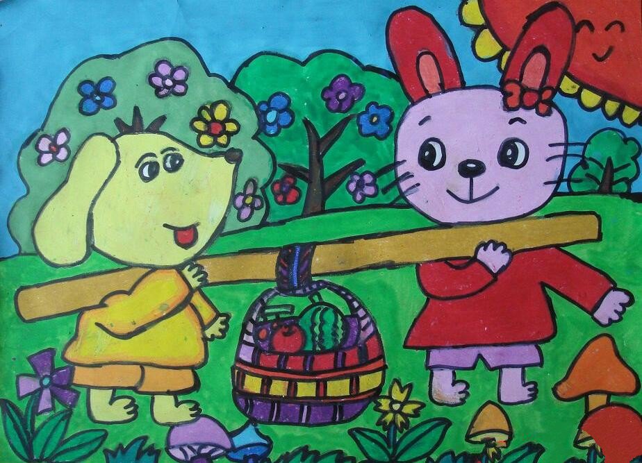 小狗和小兔子爱劳动主题绘画作品赏析