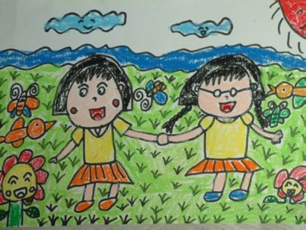 清明节的儿童画-姐妹去郊游