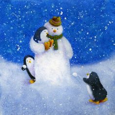 企鹅堆雪人,国外儿童趣味水彩画作品共享