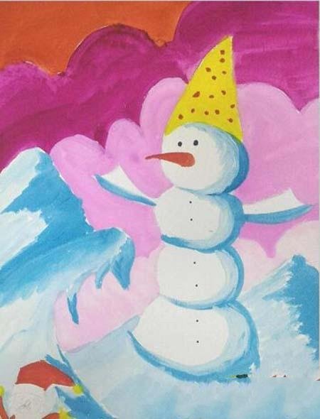 雪人儿童美术绘画作品欣赏：可爱的雪人