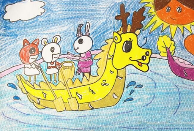 小动物划龙舟端午节创意儿童画作品欣赏