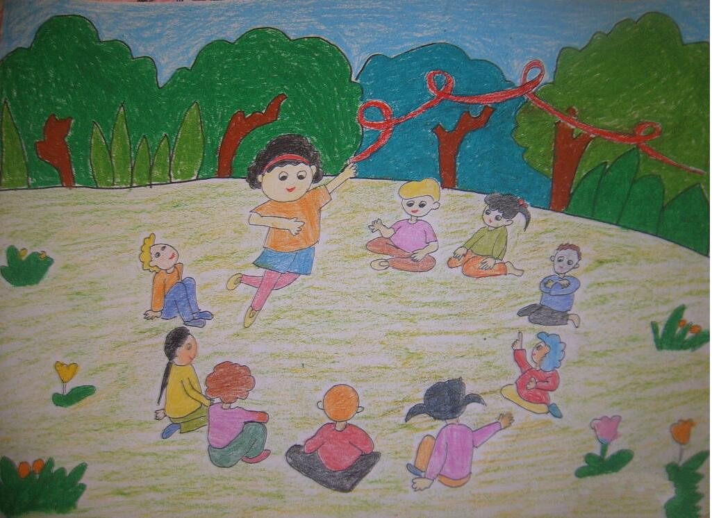 草地上的聚会儿童画6.1儿童节图片分享