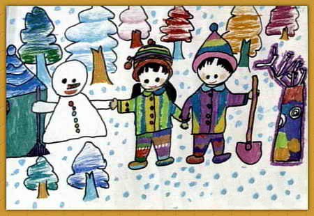 关于冬天的儿童画-我和雪人是好朋友
