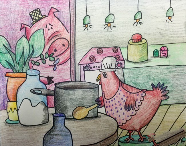 母鸡妈妈做料理关于动物的绘画作品欣赏