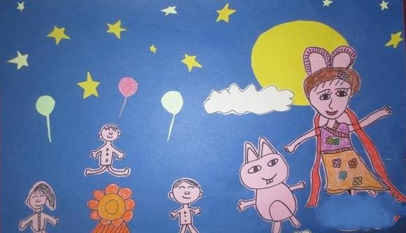 庆祝中秋佳节儿童画-嫦娥玉兔与我们共欢乐