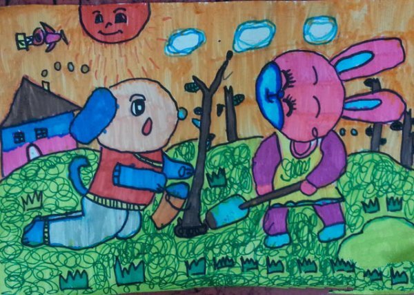 小学生水彩画作品-小动物爱植树