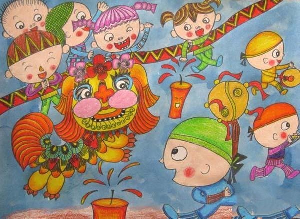 一等奖春节习俗儿童画:舞狮