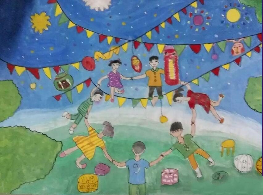 六一狂欢夜关于儿童节的水粉画图片欣赏