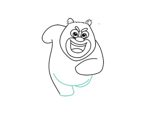 第七步：左右胳膊画好了，接下来画出熊大圆圆的肚子、向前大迈的左腿，向后使劲的右腿。