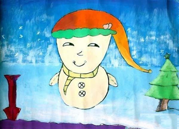 幼儿关于雪人儿童画图片：戴圣诞帽的雪人