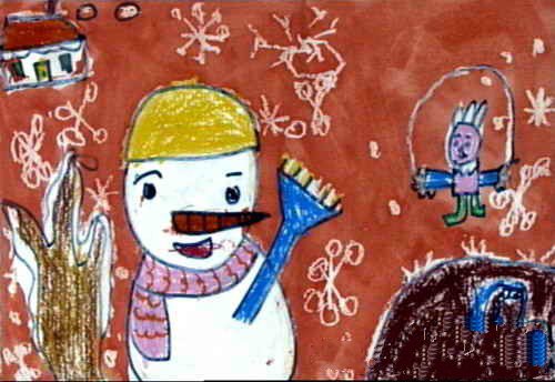 快乐的冬天儿童画-冬天的雪人
