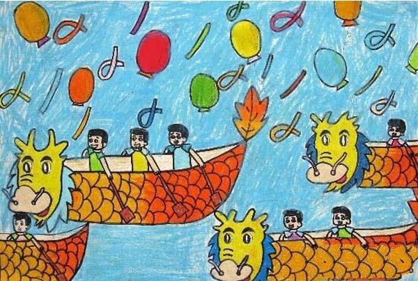 小学生端午节儿童画图片:端午节赛龙舟