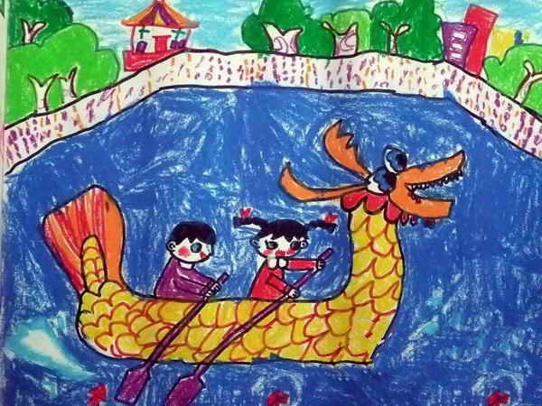 端午节儿童画图片-我和朋友划龙舟