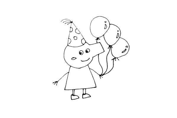 第五步：画上一些气球，帽子上可以画上一些小的半圆来装饰。