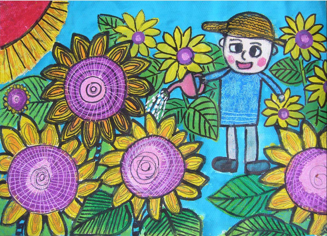 关于劳动节的儿童画-我来浇花