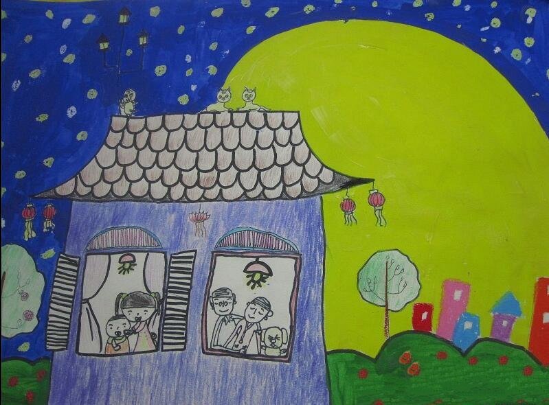 美丽的月色中秋节儿童绘画作品
