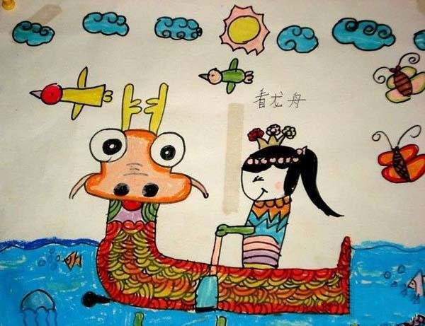 优秀的端午节儿童画图片：看龙舟