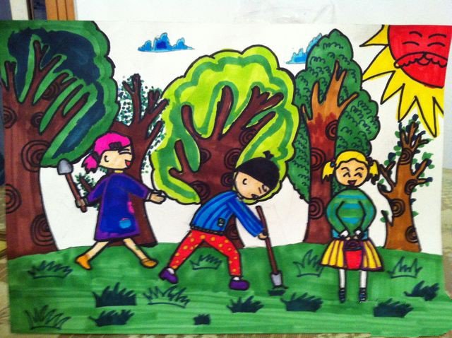 植树节儿童画大全-欢乐的种树