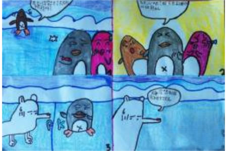 北极熊与企鹅的战争水彩笔画画作