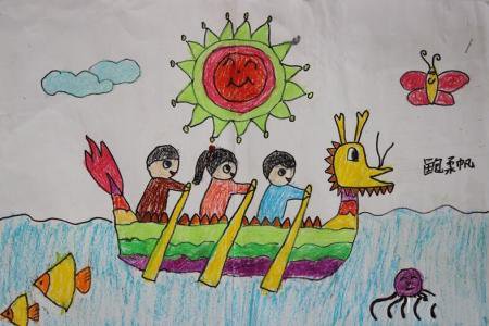 团结一致划龙舟关于端午节的蜡笔画分享