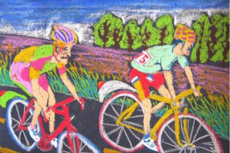 关于九九重阳节的儿童画-老年自行车大赛