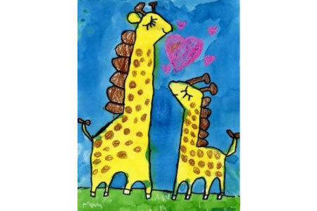长颈鹿母子俩可爱动物画作品欣赏