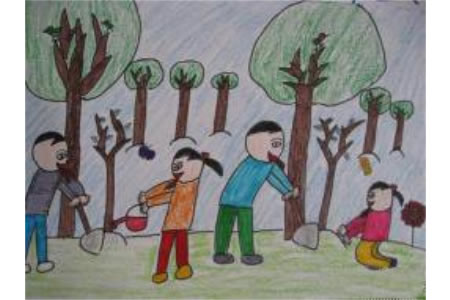 儿童画植树节图片-团结种树