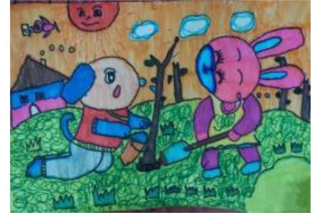 小学生水彩画作品-小动物爱植树