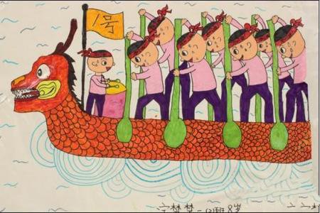 端午节龙舟儿童画-齐心协力划龙舟