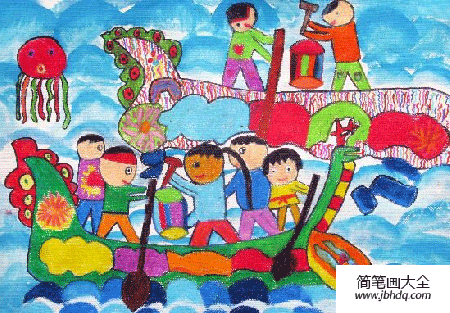 端午节赛龙舟儿童画-龙舟比赛开始啦