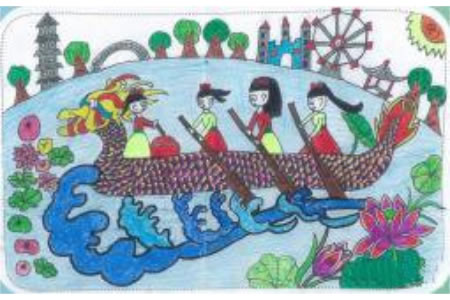 端午节儿童画 公园里面划龙舟