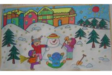 儿童油棒画作品 快乐的堆雪人