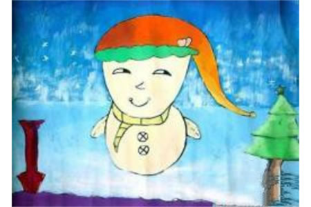 幼儿关于雪人儿童画图片：戴圣诞帽的雪人