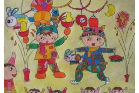欢度春节儿童画图片：提灯笼放烟花