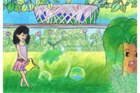给小草浇水植树节儿童画教师范画