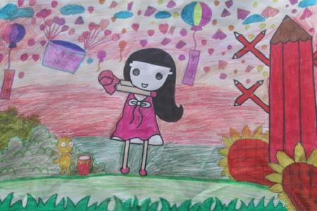 四年级庆六一画作品之庆祝儿童节的小姑娘