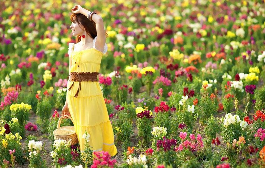 点击大图看下一张：黄色连衣裙美女梦幻花海图片4