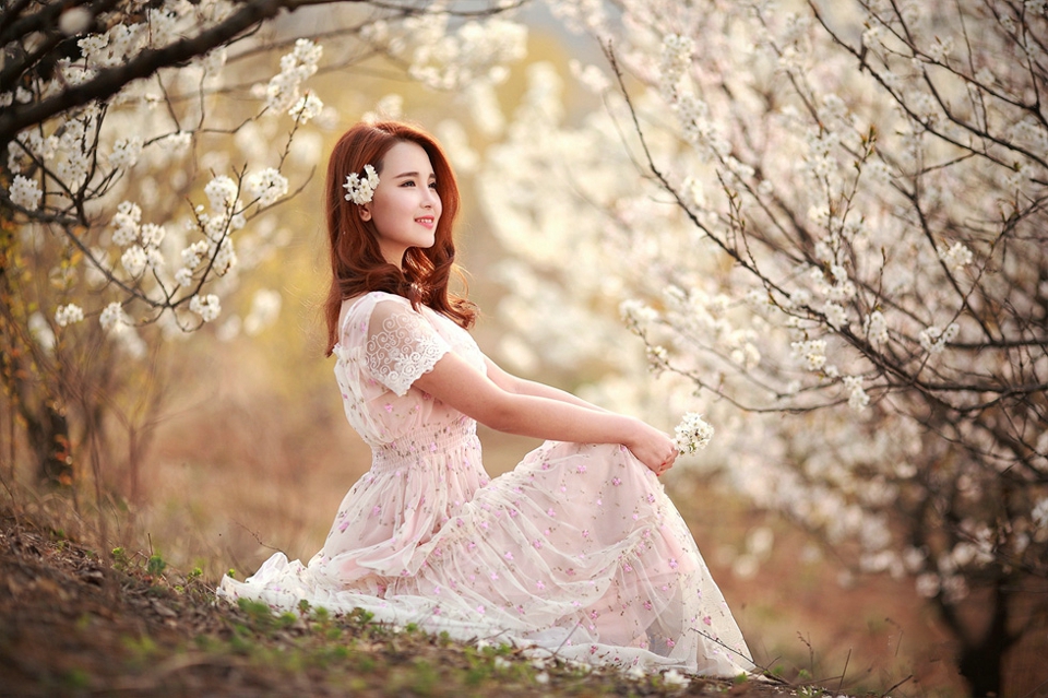 点击大图看下一张：樱花树下的甜美妹子碎花长裙美丽动人