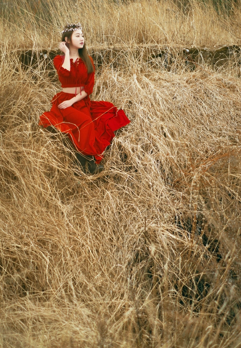 点击大图看下一张：荒野中的高颜值优雅美女红裙亮眼唯美